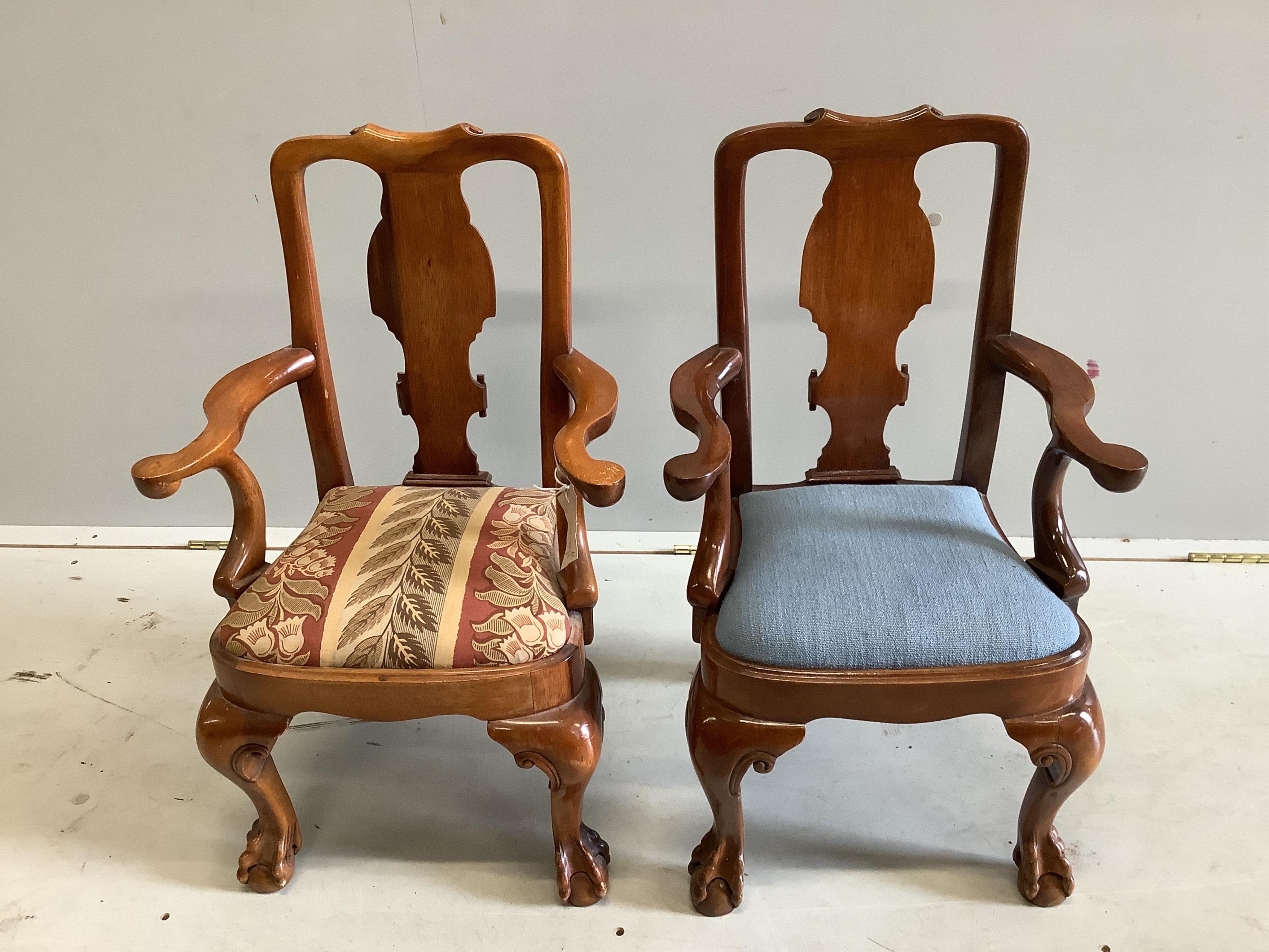 A pair of Queen Anne style miniature walnut elbow chairs, width 41cm, depth 30cm, height 65cm. Condition - good